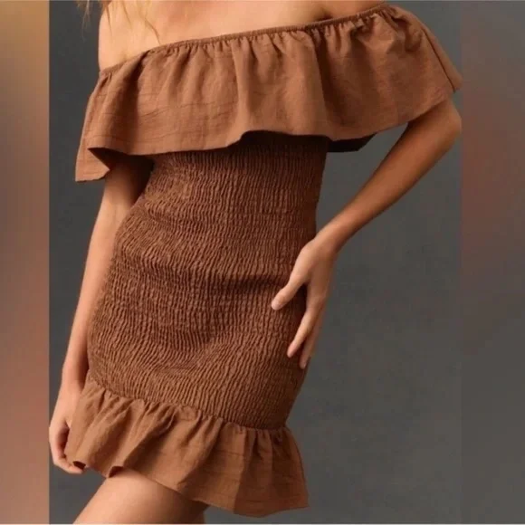 NWT Anthropologie Off-The-Shoulder Smocked Mini Dress Brown Size XS - Picture 5 of 5